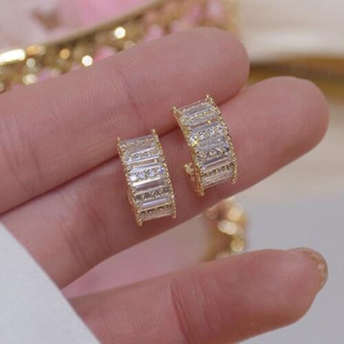 New Fashion Jewelry C- Shaped Micro-Inlaid Zircon Exquisite 14K Real Gold Simple Stud Earrings for Woman Holiday Daily Earring