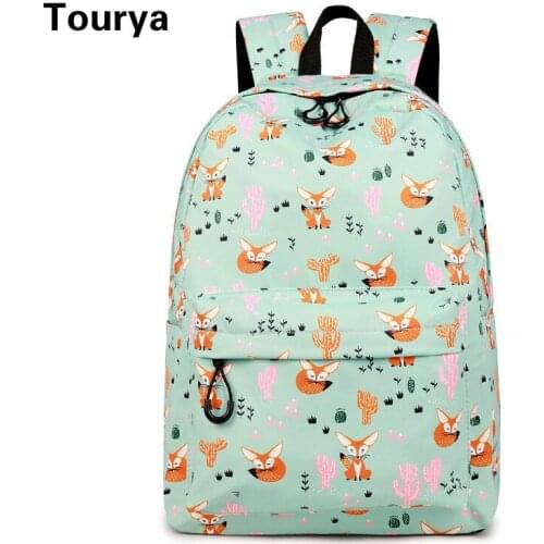 Tourya Cute Fox Pattern Printing Women Backpack Student School Bags For Teenagers Girls Daily Bagpack Laptop Rucksack Mochila