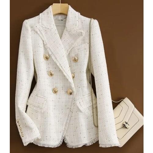 Tweed Blazer Women High Quality V-Neck Double Breasted Slim Blazer Jacket Autumn Winter Elegant Office Lady Fashion Suit Jacket