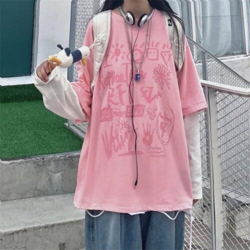 Pink Long Sleeve T-Shirt Letters Harajuku Autumn Girls Oversize Patchwork Tees Print O-Neck kawaii Cute Japanese Tops Female