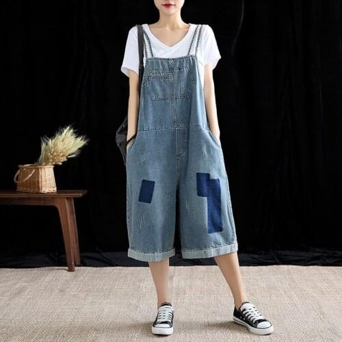 Denim Jumpsuit Women Summer 2020 Vintage Overalls Jean Plus Size Casual Ripped Hole Wide Leg Jumpsuit Ladies Jeans Romper 10265