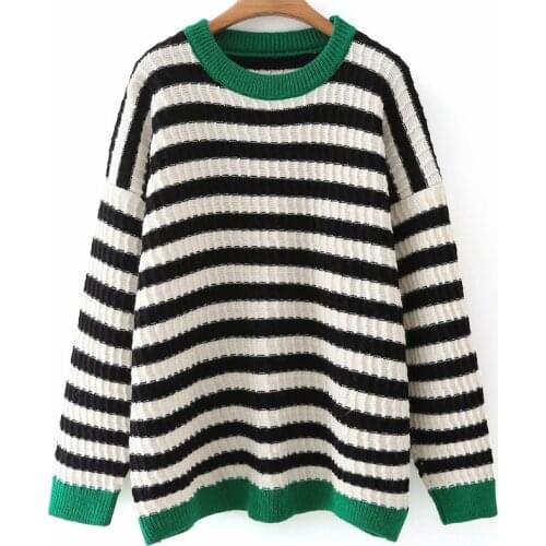 MESTTRAF Women 2021 Fashion Stitching Striped Knitted Sweater Retro Long Sleeve Green Round Neck Loose Pullover Streetwear