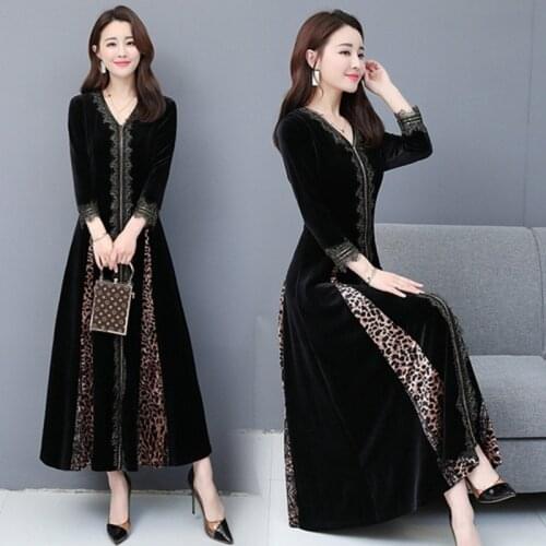 Gold Velvet Dress 2021 Autumn And Winter New Style V-neck Slim Fit Leopord Pattern Lace Debutante Elegant Long a Generation of F