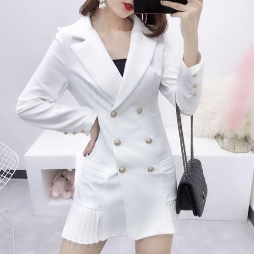 Bella Philosophy Elegant Ruffle Double Breasted Women Dress Office Blazer White Dress Autumn Winter Slim Suit Ladies Dresses