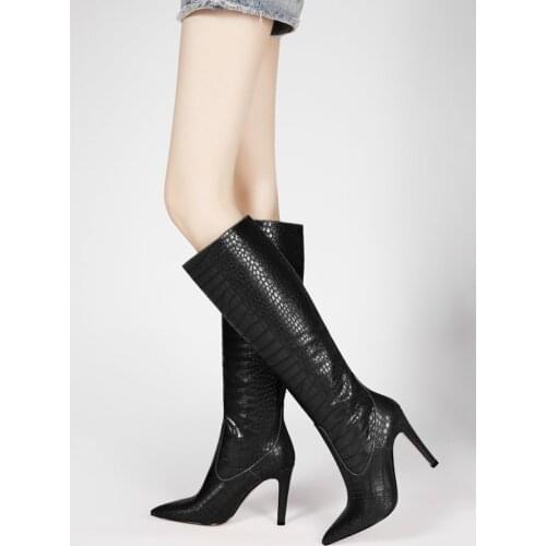 2021 Winter New Pointed Crocodile Fine Heel High Heel Straight Tube Knight Womens Boots-E99