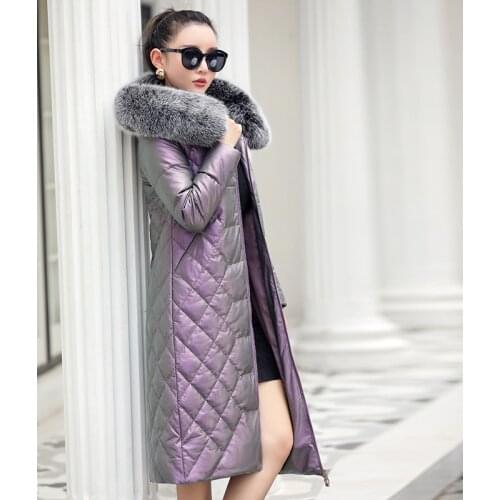 Winter Genuine Leather Jacket Women Duck Down Jacket Female Fox Fur Collar Plus Size Long Coat Sheepskin Jackets