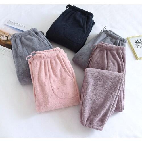 Fdfklak Winter Couples Sleep Pants 100% Velvet Bottoms Solid Sleeping Trousers Thicken Warm Loose Comfy Lounge Pants