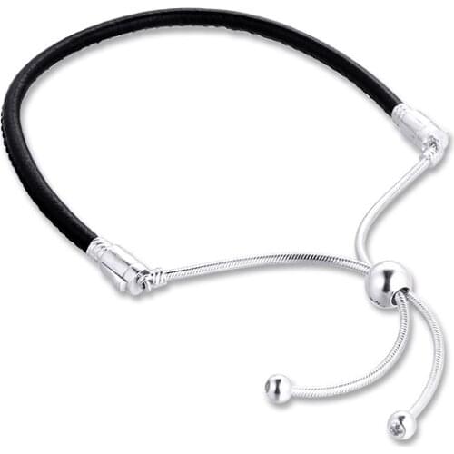 100% 925 Sterling Silver Jewelry Sliding Black Leather Bracelets Free Shipping