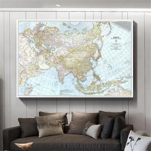 Poster Decoration 1942 Map of Asia and Adjacent Areas Vinyl Spray Painting Wall Decor Map for Home Art Crafts Living Room