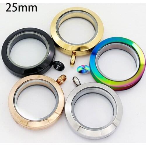 25mm Stainless Steel Floating Locket Pendant Gold Black Round Glass Living Memory Locket Necklace DIY Jewelry With 10pcs Charms