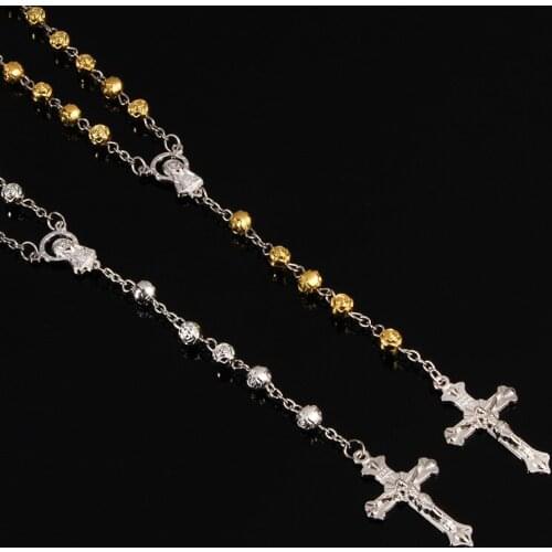 48 pieces 6mm gold cross rose rosary handmade necklace Catholic rose beads long chain religious jewelry party gifts prayer