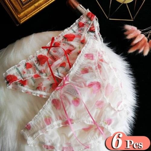 6Pcs/Lot Strawberry Underpants Sexy Bow Panties Set Lace Womens Underwear Flower Transparent Panties Mesh Seamless Thong Set