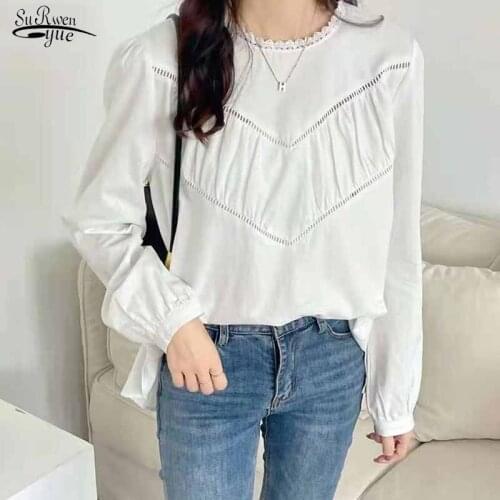 Casual Folds O-neck Long Sleeve Blouse 2021 Hollow Out Elegant Blouse with Lace Autumn Gentle White Shirt Black Loose Tops 16982
