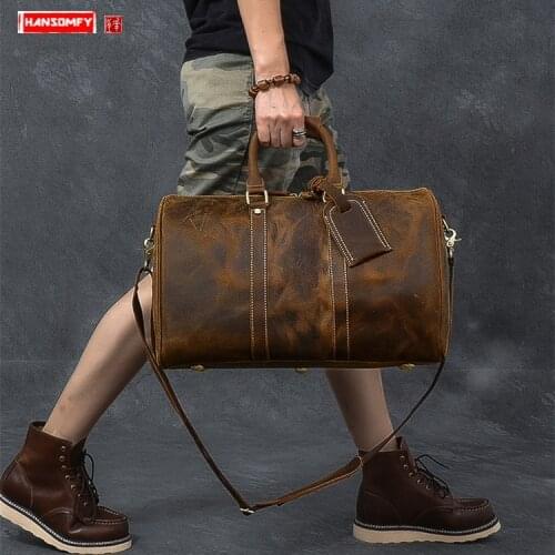 Business Men Handbags Trip Large-capacity Travel Bag Luggage Bag Male Bucket Bags Head Layer Cowhide Retro Crazy Horse Leather