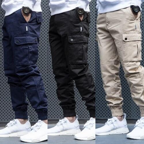 Korean Style Fashion Men Jeans Big Pocket Casual Cargo Pants Streetwear Youth Hip Hop Joggers Men Ankle Banded Harem Trousers