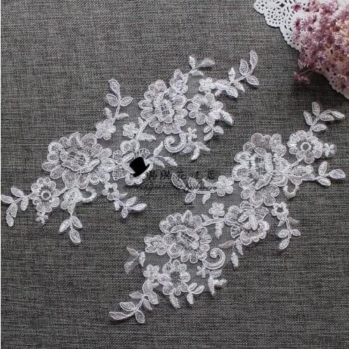 Hot Sale 1 Pair/2 Pieces 28*13CM Delicate Embroidered Lace Applique with Sequins Lace Trim Beautiful Dress DIY Lace Accessories