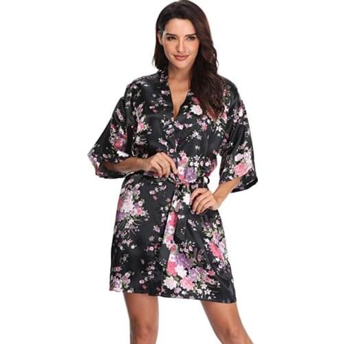 Women Silk Satin Floral Wedding Bride Bridesmaid Robe Bathrobe Short Kimono Robe Night Robe Bath Robe Fashion Dressing Gown MD02
