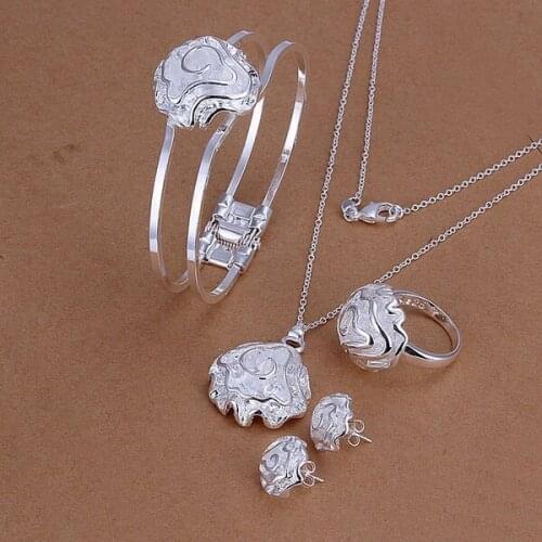 Hot wedding jewelry female noble for women roses necklace bracelet ring Stud Earrings fashion Silver color jewelry sets S322
