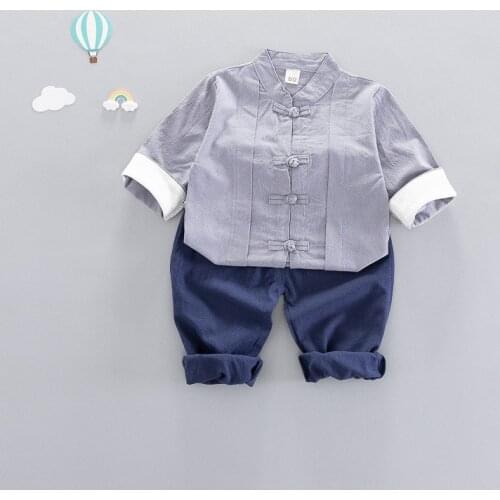 Chinese Style Spring Autumn Retro Tang Suit Boys T-shirt +Pants Girls Tops Children Cotton&Linen Clothing For 0-4 Years Kids