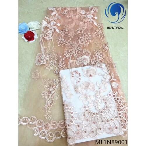 BEAUTIFICAL french lace fabrics Top sale net lace fabric for women dress nigerian lace beads embroidery fabric 5yards ML1N890