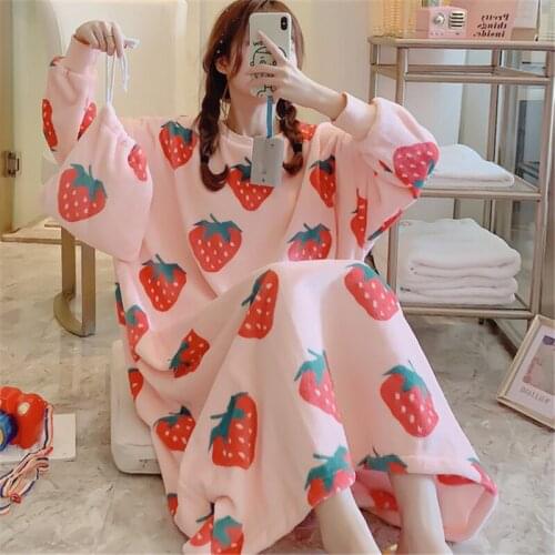Net red nightdress autumn and winter thickened night dress coral velvet long section sleep warm yukata large size home service