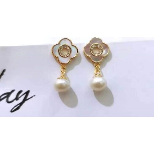 Cute Real Pearl Drop Earrings 18K Gold Plated Lucky Grass Drop Round Earrings Clip Earrings Romantic Party Gifts For Women