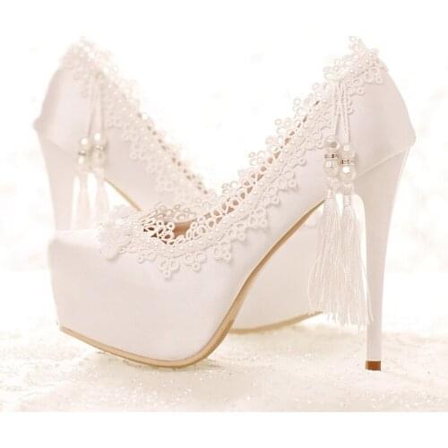 Sweetness Spring and Summer Lady High Heels Wedding Party Satin Shose White Lace Bridal Dress Shoes Graduation Party Prom Pumps