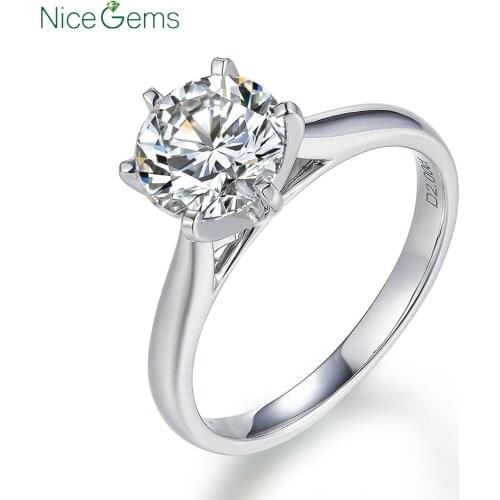 NiceGems 14K White Classic 6 Prong Moissanite Engagement Ring Center Stone 1ct or 2ct D Color Moissanite Solid Gold Ring