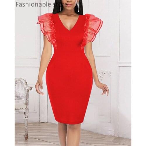 OL Style Solid Color V-Neck Sleeveless Ruffles Bodycon Dress