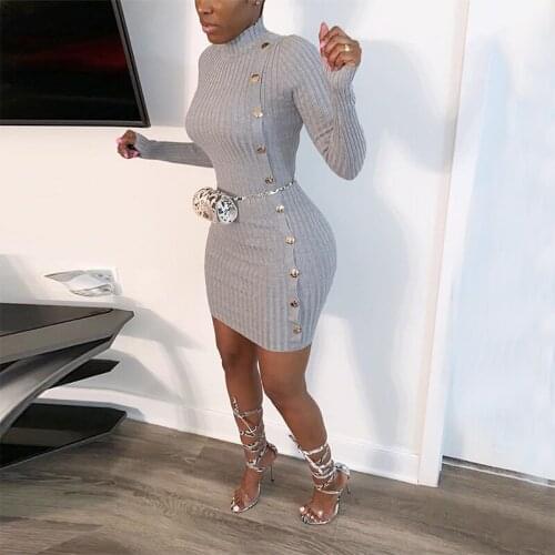 OMSJ 2019 Ribbed Button Women Mini Dresses Long Sleeve Autumn Winter Fashion Solid Bodycon Dresses Solid Skinny Basic Slim Cloth