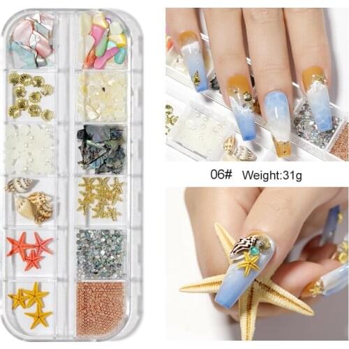 Different 12 Grid Nail Art Ocean Theme Metal 3D Studs Beads Gel Polish Sea Starfish Shell Hippocampal Slice Flakes Decoration