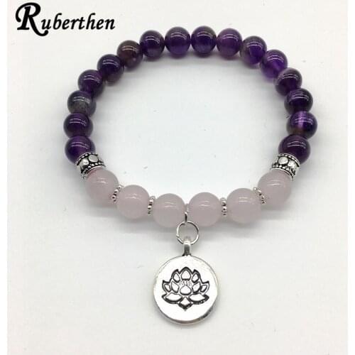 Ruberthen Vintage Design Rose Quarz Lotus Charm Bracelet Trendy Wedding Bracelet Natural Stone Bracelet
