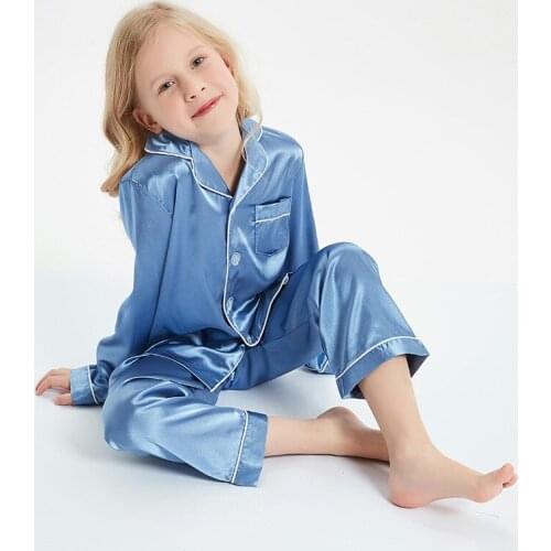 3 11 12 13 14 years Long Sleeve Silk Pajamas for Big Girls Boys pjs Autumn Pajama Set Silk Satin Pijama Pyjamas Sleepwear Suit