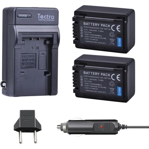 Tectra 2PCS VW-VBT190 Battery+Digital Charger+Car Plug for Panasonic HC-V110 HC-V130 HC-V160 HC-V180 HC-V201 HC-V210 HC-V230