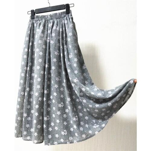 Makuluya Prairie Chic Mori Women Cotton Linen Flower Printed Female Midi Elastic Waist Pleated Skirt A-Line Girls Office Lady L6