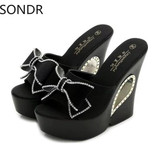 Womens Slippers Creepers Shoes Platform Bowknot Rhinestones Crystal Wedge Super High Heel New Summer Hollow Black 2021