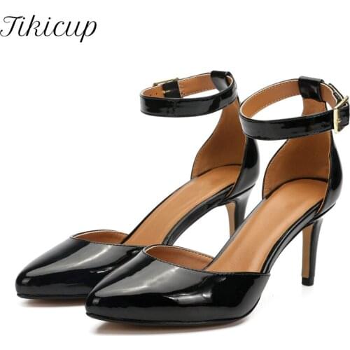 Tikicup Ankle Strap Women Patent D'Orsay 8cm Stilettos High Heels Elegant Ladies Poinnted Toe Chic Pump Shoes Plus Size 38-48