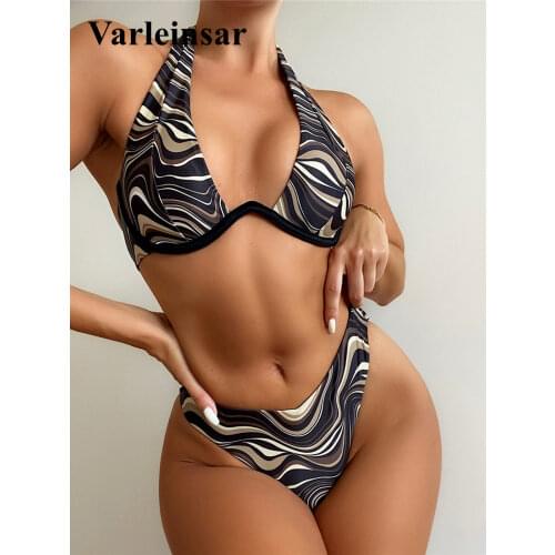 Waves Printed V-Bra Underwired Halter Bikini Women Swimwear Female Swimsuit Two-pieces Bikini set Bather Bathing Suit Swim V3092