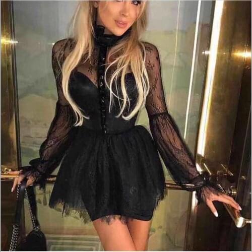 Spring Autumn Bandage Dress Women Vestidos Sexy Mini Black Lace HIgh Neck Long Sleeve Club Dress Celebrity Evening Party Dresses