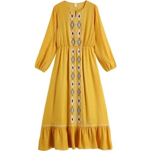 PERHAPS U Women Yellow V-neck Embroidery Long Sleeve Beach Holiday Travel Empire Midi Dress Spring Summer D2493