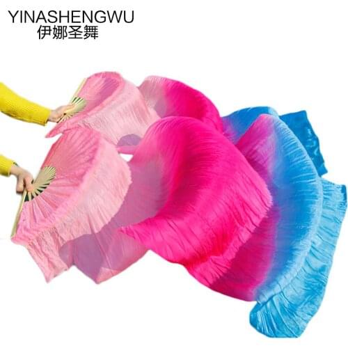 1 Pair Dance Fans Bamboo Ribs Natural Silk Stage Performance Props Dye Fans Women Belly Dance Silk Fan light pink+rose+turquoise