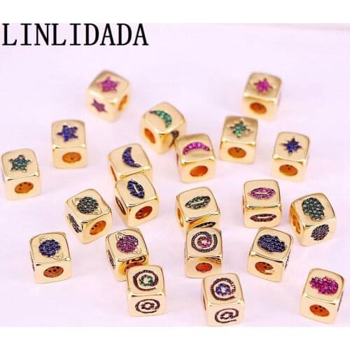 10Pcs Gold Color Micro Pave Colorfur CZ Star/Moon/Hamsa Hand/Eye Square Spacer Beads ,Cubic Zirconia Cube Beads, Accessories