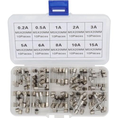 100 PCS 5x20mm Quick Blow Glass Tube Fuse 0.2A~15A 10 Kinds of 10 Each Fuse