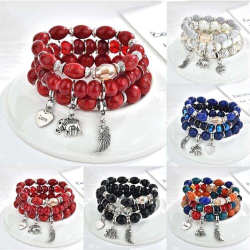 Bohemia Wings Peach Heart Elephant Tassel Multi-Layer Bracelet Elegant Ice Crack Hand Ornament Crystal Women Bangle Jewellery