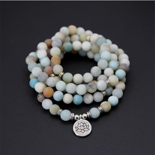 Multilayer Mala bracelet "Lotus" of 108 pearls in Natural Amazonite Stone Bracelets For Women Men Rosary Yoga Jewelry
