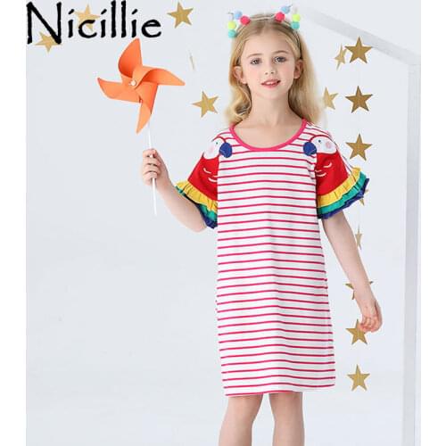 Nicillie Short Sleeve Kids Dress Girls Unicorn Dress Baby Girls Patchwork Clothes Dress Striped Animal Dress For Girls Summer