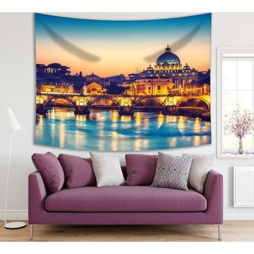 Tapestry St. Peters Cathedral and Tiber River in Rome, Italy Sunset Evening View Romantic Scene Gold Brown Blue