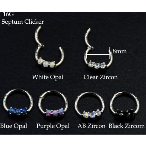 1Piece Surgical Steel Round Zircon Septum Clicker Labret Ring Nose Ring Cartilage Earring Opal Stone Lip Clicker Helix Piercing
