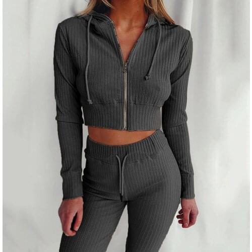 2pcs Solid Color Crop Top Pants Set Women Autumn Zipper Hooded Top Elastic Waist Skinny Trousers Two piece Set Women Pants Suit