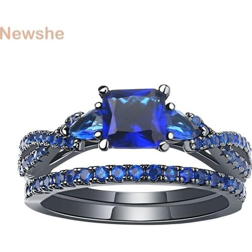 Newshe Solid Black Wedding Engagement Ring Set For Women Blue Princess Cut Pear Shape AAA Cubic Zircon QR0051WG